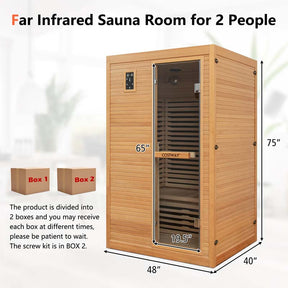 2-Person Far Infrared Wooden Sauna Room for Home, Canadian Hemlock Indoor Sauna w/Detachable Red Light Therapy Panel