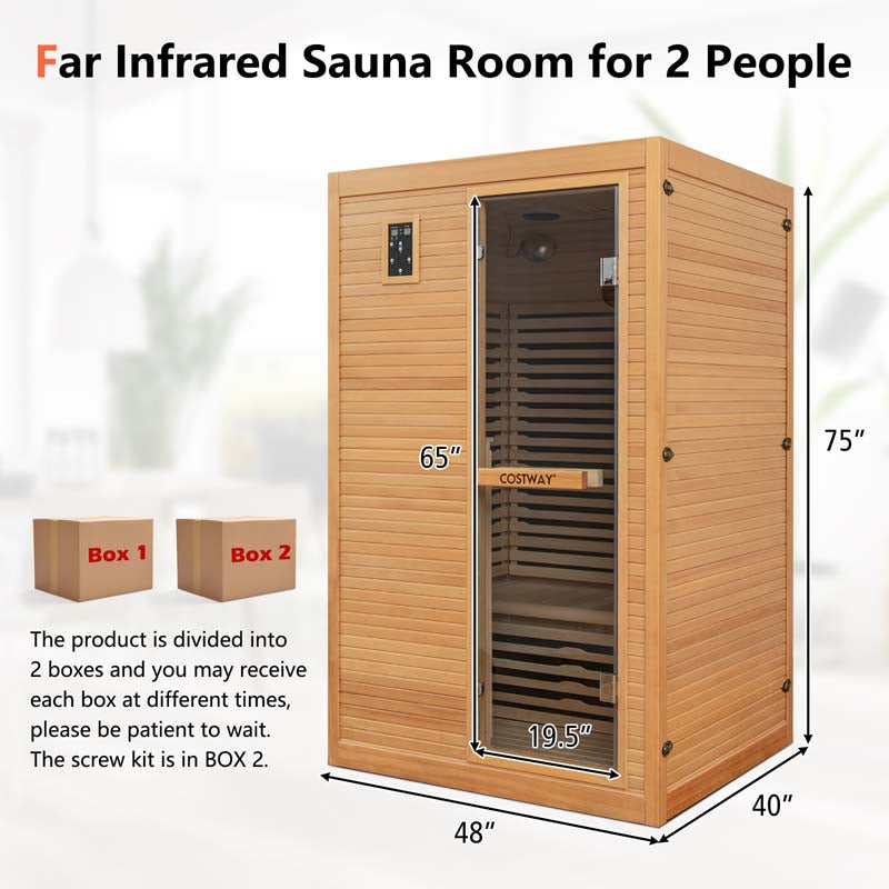 2-Person Far Infrared Wooden Sauna Room for Home, Canadian Hemlock Indoor Sauna with Free Red Light Therapy & Bluetooth Speakers & 4 Light Strips