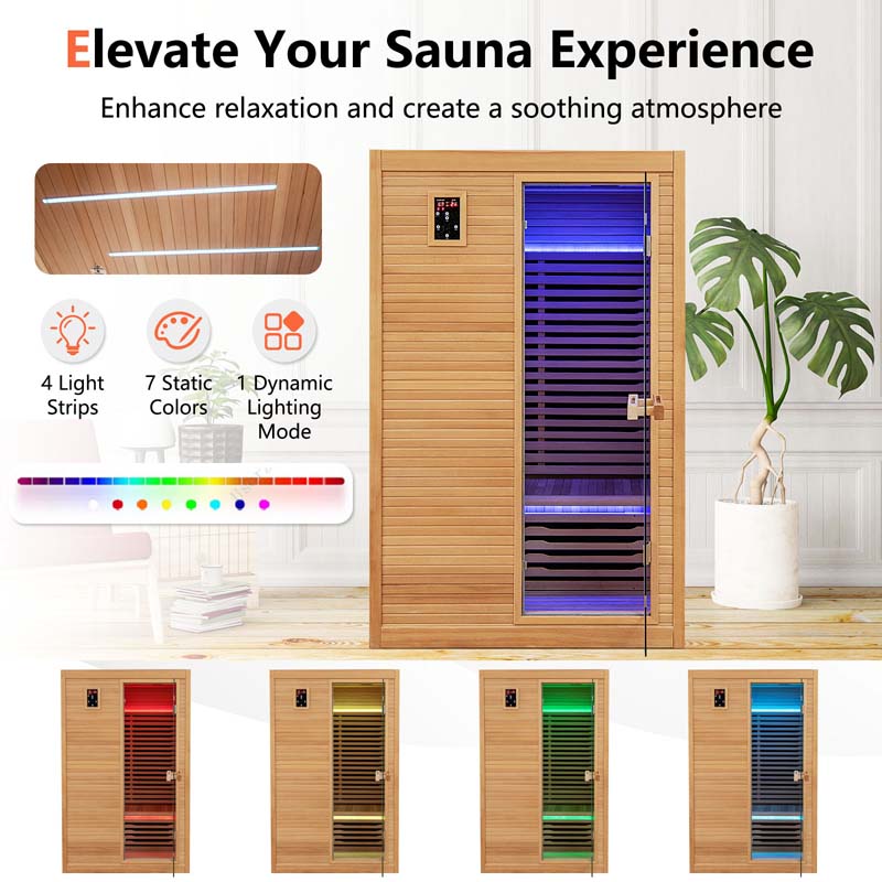 2-Person Far Infrared Wooden Sauna Room for Home, Canadian Hemlock Indoor Sauna with Free Red Light Therapy & Bluetooth Speakers & 4 Light Strips
