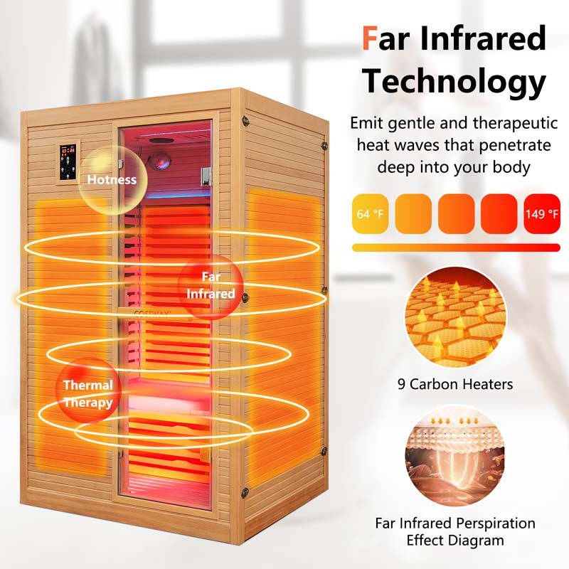 2-Person Far Infrared Wooden Sauna Room for Home, Canadian Hemlock Indoor Sauna with Free Red Light Therapy & Bluetooth Speakers & 4 Light Strips