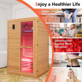 2-Person Far Infrared Wooden Sauna Room for Home, Canadian Hemlock Indoor Sauna w/Detachable Red Light Therapy Panel