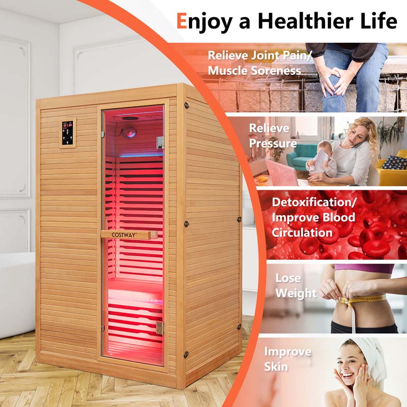 2-Person Far Infrared Wooden Sauna Room for Home, Canadian Hemlock Indoor Sauna with Free Red Light Therapy & Bluetooth Speakers & 4 Light Strips