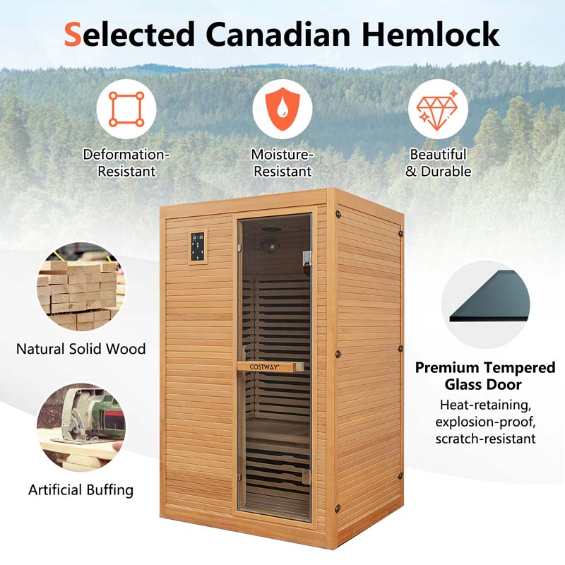 2-Person Far Infrared Wooden Sauna Room for Home, Canadian Hemlock Indoor Sauna with Free Red Light Therapy & Bluetooth Speakers & 4 Light Strips