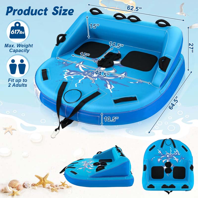 2-Person Inflatable Towable Tube for Boating, Water Sport Towable Sofa Style Boat Tube with Drainage, Dual Tow Points & EVA Seat Pads