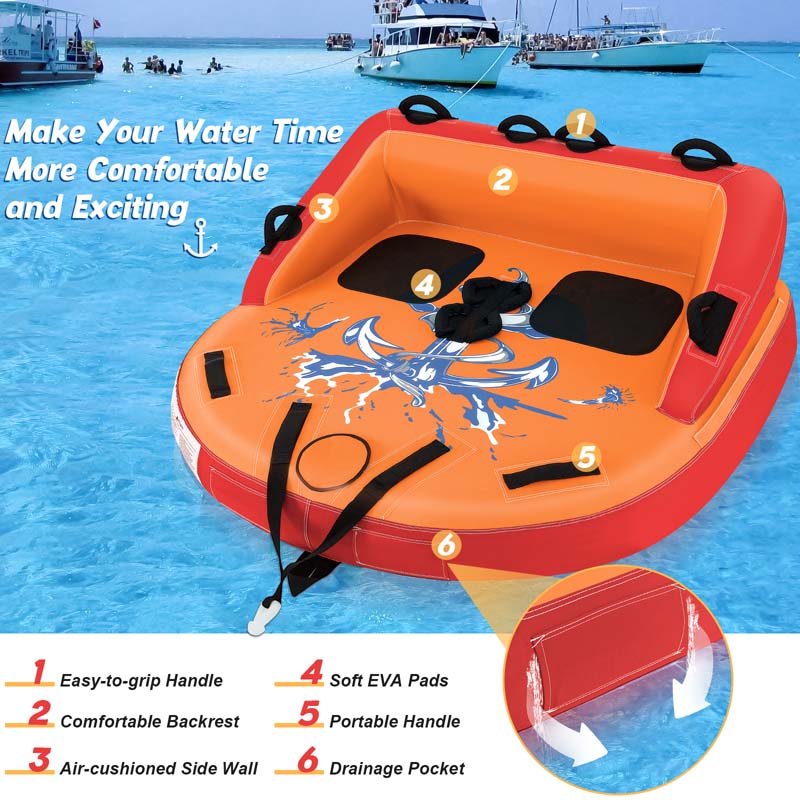 2-Person Inflatable Towable Tube for Boating, Water Sport Towable Sofa Style Boat Tube with Drainage, Dual Tow Points & EVA Seat Pads