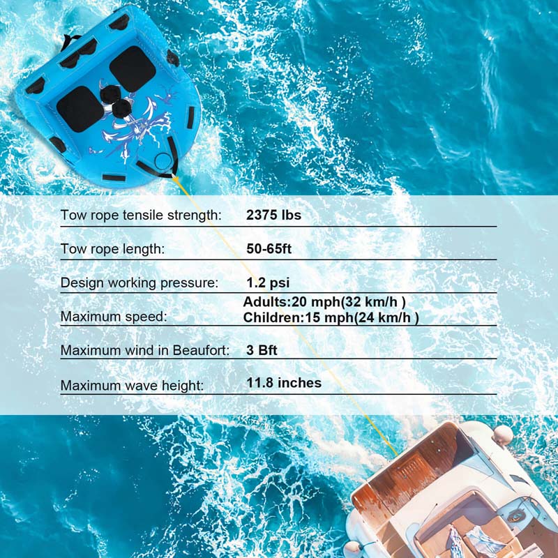 2-Person Inflatable Towable Tube for Boating, Water Sport Towable Sofa Style Boat Tube with Drainage, Dual Tow Points & EVA Seat Pads