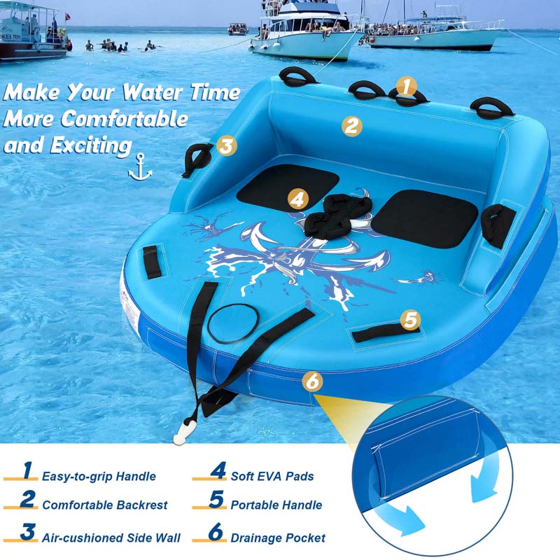 2-Person Inflatable Towable Tube for Boating, Water Sport Towable Sofa Style Boat Tube with Drainage, Dual Tow Points & EVA Seat Pads