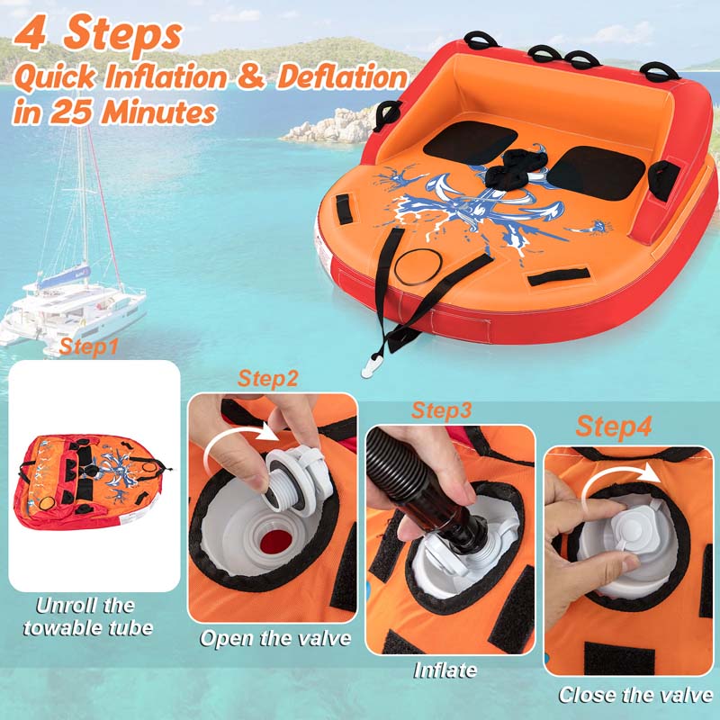 2-Person Inflatable Towable Tube for Boating, Water Sport Towable Sofa Style Boat Tube with Drainage, Dual Tow Points & EVA Seat Pads