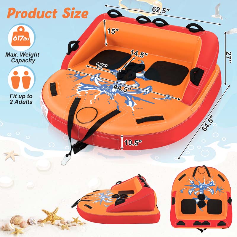2-Person Inflatable Towable Tube for Boating, Water Sport Towable Sofa Style Boat Tube with Drainage, Dual Tow Points & EVA Seat Pads