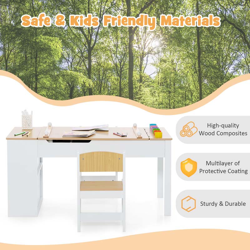 2-in-1 Kids Art Table & Chair Set for Drawing Writing, Toddler Craft Play Wood Activity Desk w/2 Chairs Paper Roll Storage Canvas Bins