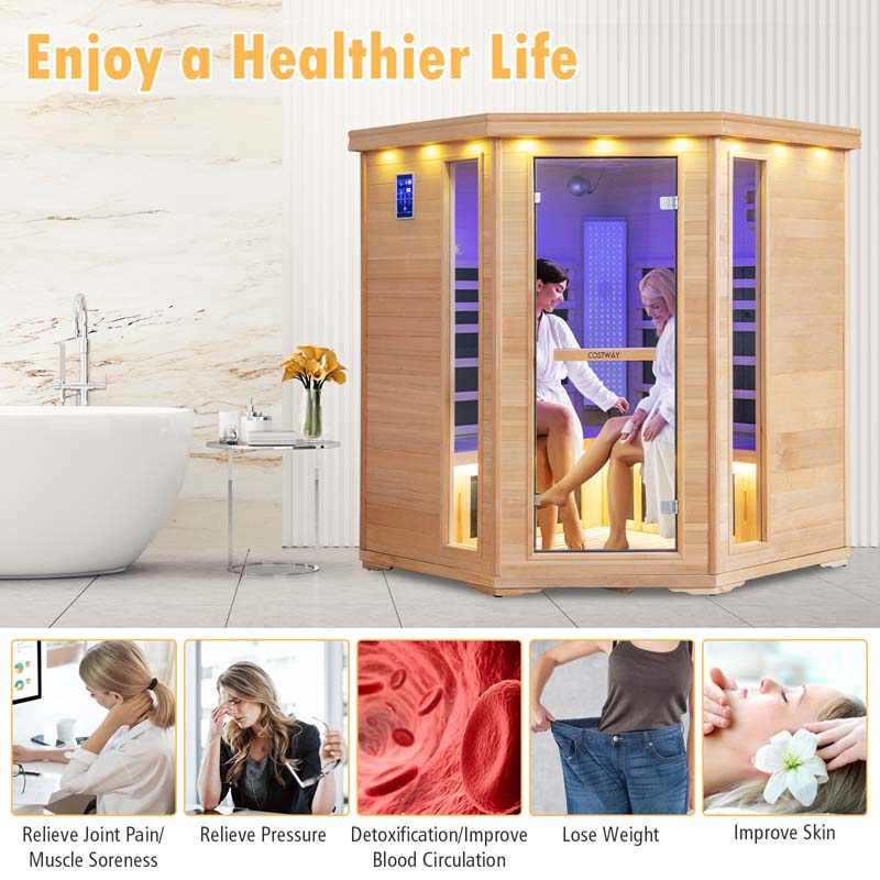 3-5 Person Far Infrared Wooden Sauna Room for Home, Canadian Hemlock Indoor Sauna w/Detachable Red Light Therapy Panel