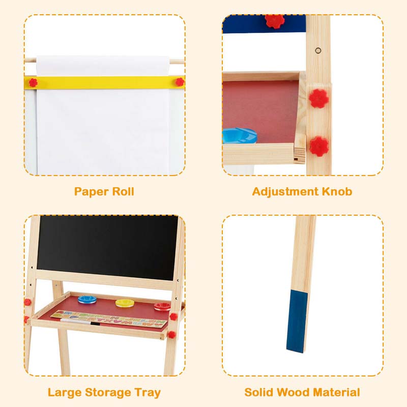 3-in-1 Wooden Kid's Art Easel, Height Adjustable Double Sided Drawing Easel with Magnetic Chalkboard, Whiteboard & Paper Roll for Toddlers