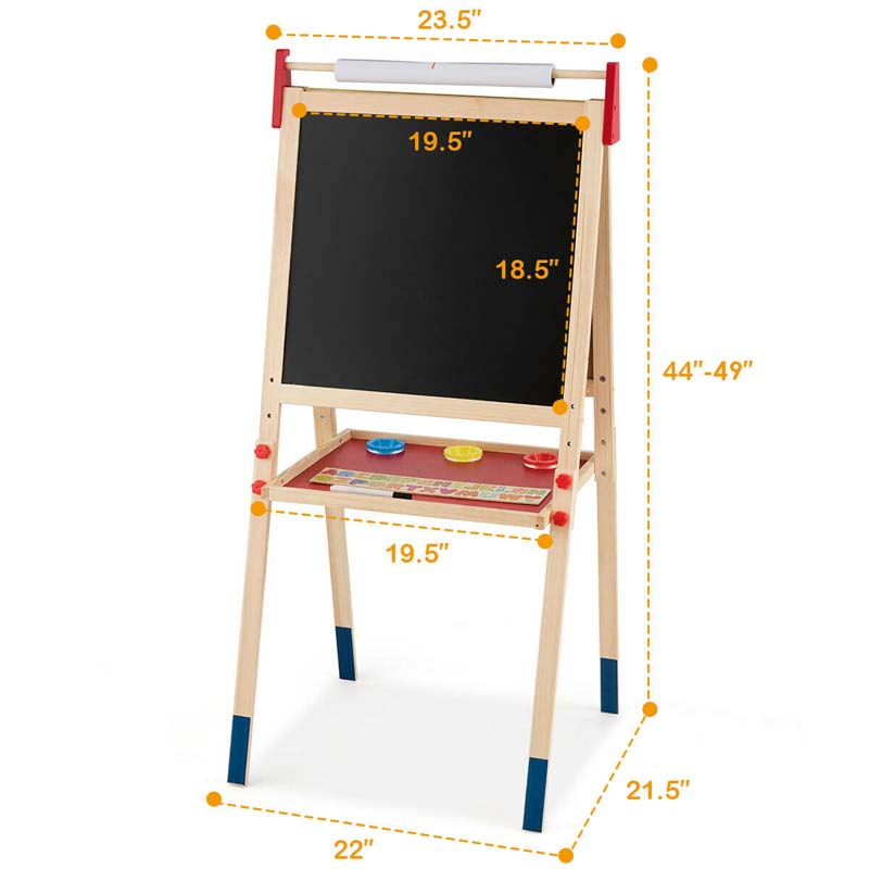 3-in-1 Wooden Height Adjustable Kid's Art Easel with Magnetic Chalkboard & Whiteboard, Paper Roll