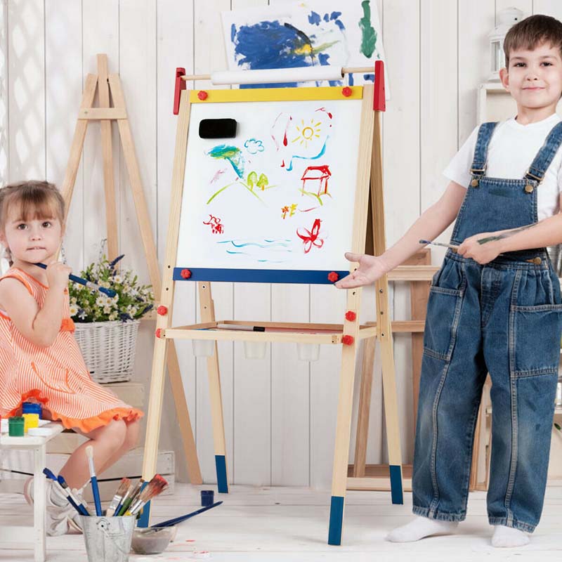 3-in-1 Wooden Height Adjustable Kid's Art Easel with Magnetic Chalkboard & Whiteboard, Paper Roll