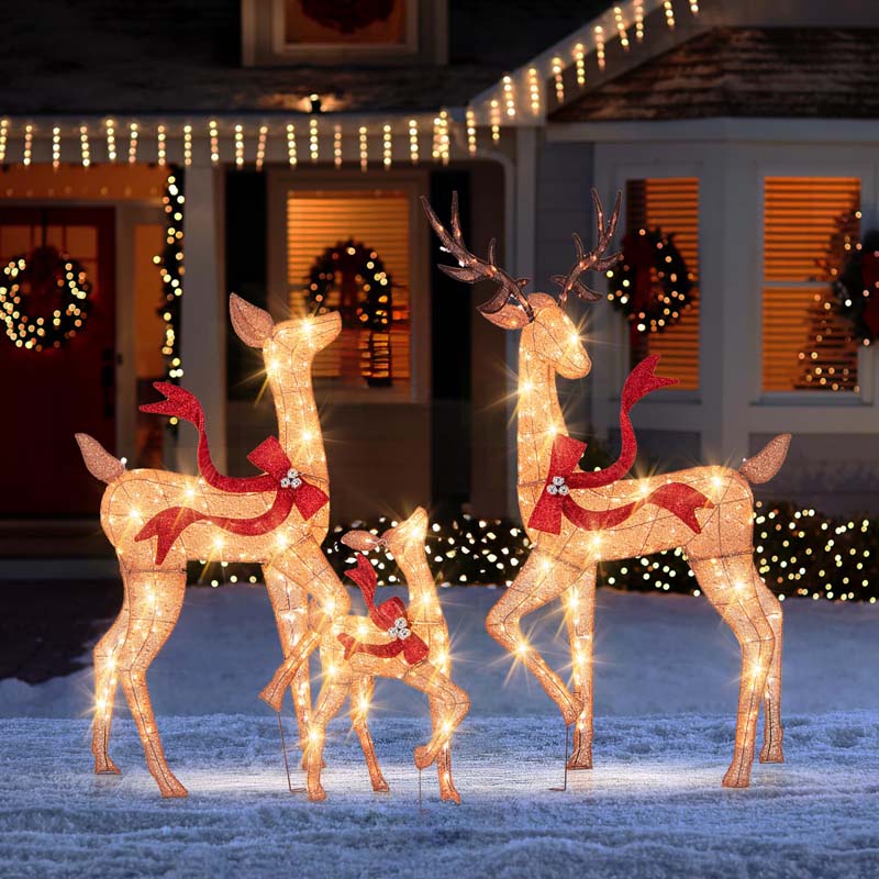 3-Piece Large Lighted Christmas Reindeer Family Set, Light Up Xmas Decorations w/440 LED Lights, Bows, Buck, Doe & Fawn, Pre-Lit Deer Set