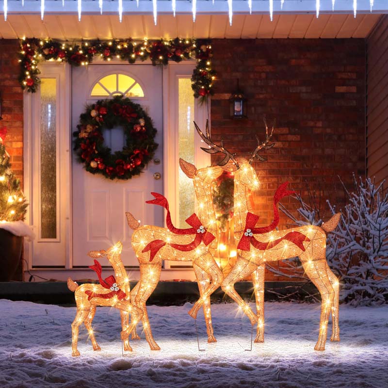 3-Piece Large Lighted Christmas Reindeer Family Set, Light Up Xmas Decorations w/440 LED Lights, Bows, Buck, Doe & Fawn, Pre-Lit Deer Set