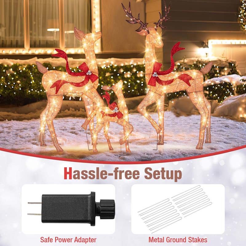 3-Piece Large Lighted Christmas Reindeer Family Set, Light Up Xmas Decorations w/440 LED Lights, Bows, Buck, Doe & Fawn, Pre-Lit Deer Set