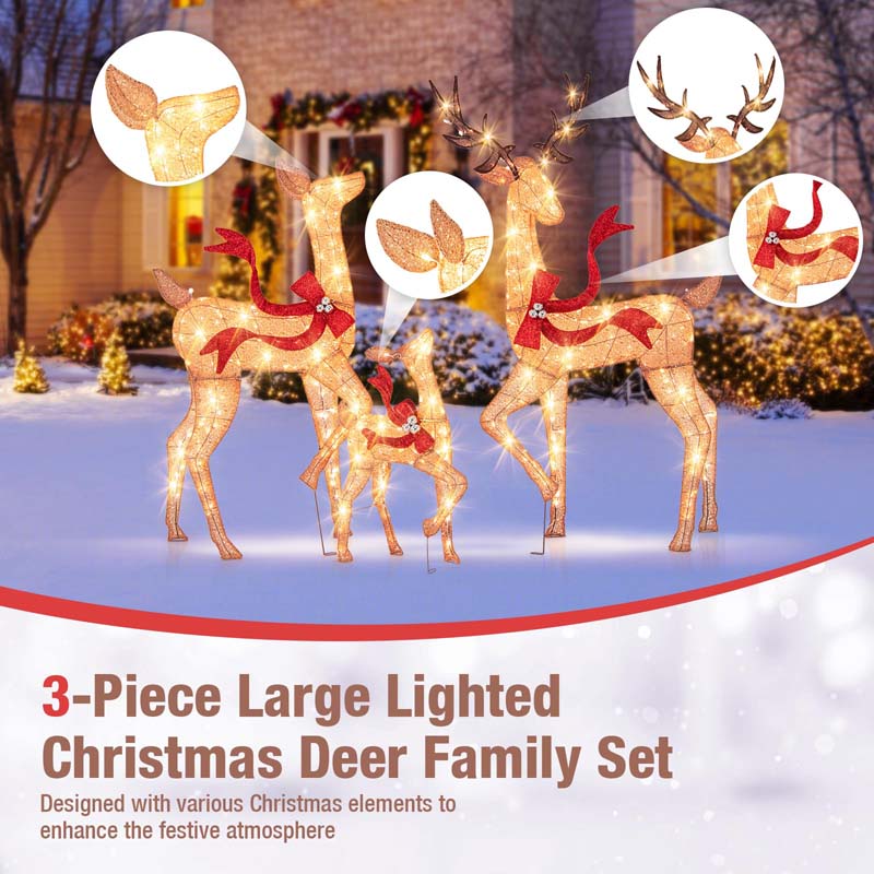 3-Piece Large Lighted Christmas Reindeer Family Set, Light Up Xmas Decorations w/440 LED Lights, Bows, Buck, Doe & Fawn, Pre-Lit Deer Set