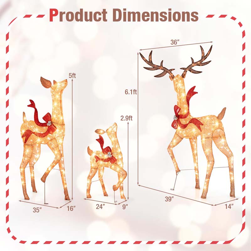 3-Piece Large Lighted Christmas Reindeer Family Set, Light Up Xmas Decorations w/440 LED Lights, Bows, Buck, Doe & Fawn, Pre-Lit Deer Set