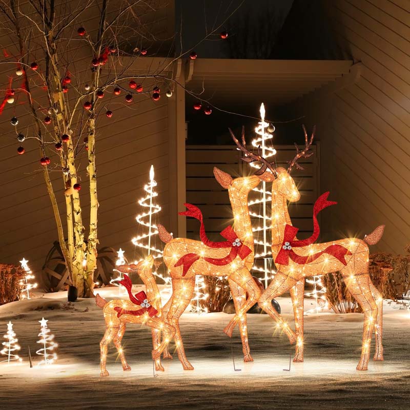 3-Piece Large Lighted Christmas Reindeer Family Set, Light Up Xmas Decorations w/440 LED Lights, Bows, Buck, Doe & Fawn, Pre-Lit Deer Set