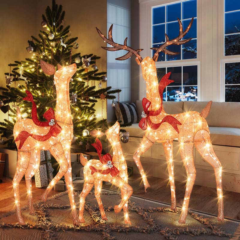 3-Piece Large Lighted Christmas Reindeer Family Set, Light Up Xmas Decorations w/440 LED Lights, Bows, Buck, Doe & Fawn, Pre-Lit Deer Set