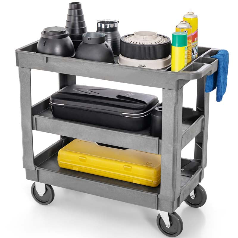 3-Tier PP Service Utility Cart Heavy-Duty Rolling Work Cart with 550 LBS Max Load and Adjustable Middle Shelf