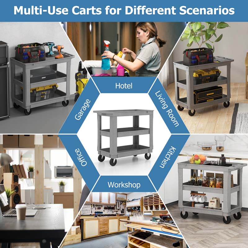 3-Tier PP Service Utility Cart Heavy-Duty Rolling Work Cart with 550 LBS Max Load and Adjustable Middle Shelf