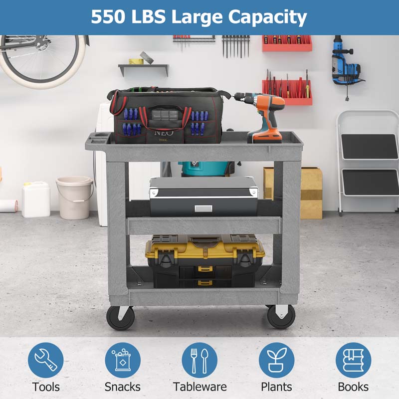 3-Tier PP Service Utility Cart Heavy-Duty Rolling Work Cart with 550 LBS Max Load and Adjustable Middle Shelf