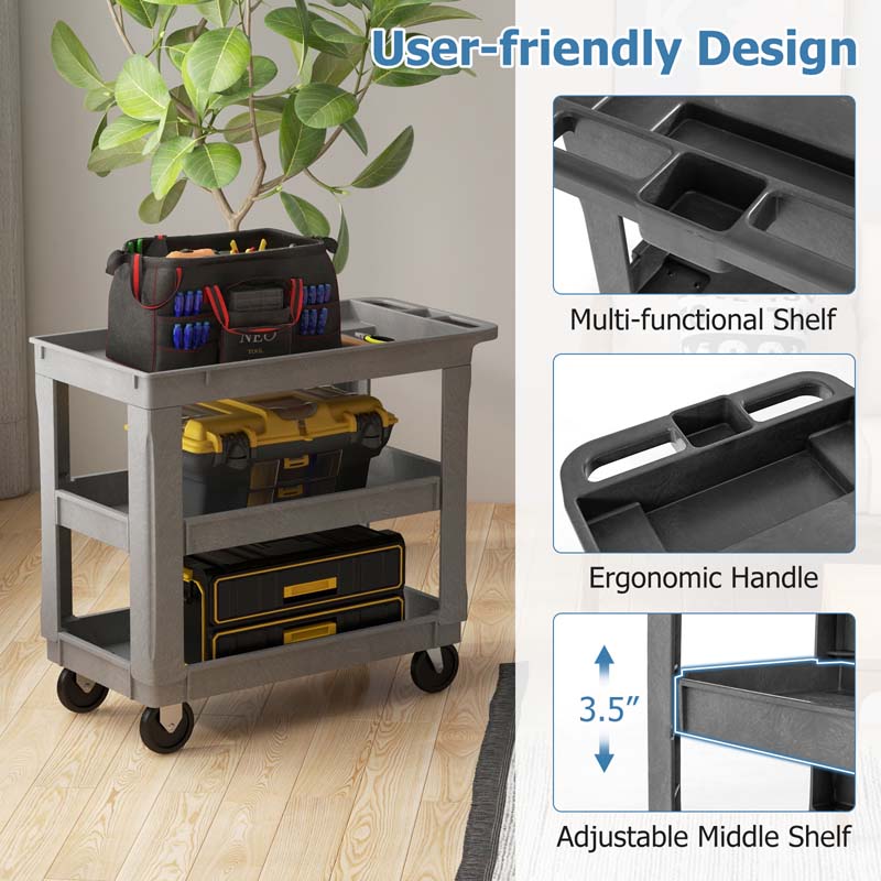 3-Tier PP Service Utility Cart Heavy-Duty Rolling Work Cart with 550 LBS Max Load and Adjustable Middle Shelf