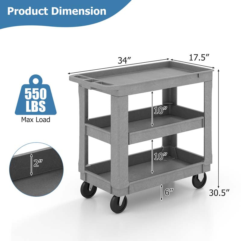 3-Tier PP Service Utility Cart Heavy-Duty Rolling Work Cart with 550 LBS Max Load and Adjustable Middle Shelf