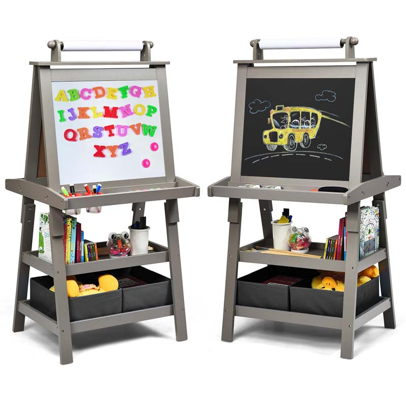 3-in-1 Double-Sided Kids Art Easel, Wooden Toddler Easel with Storage, Magnetic Whiteboard, Chalkboard & Paper Roll for Painting Drawing