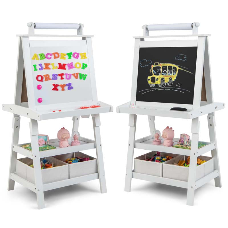 3-in-1 Double-Sided Kids Art Easel, Wooden Toddler Easel with Storage, Magnetic Whiteboard, Chalkboard & Paper Roll for Painting Drawing