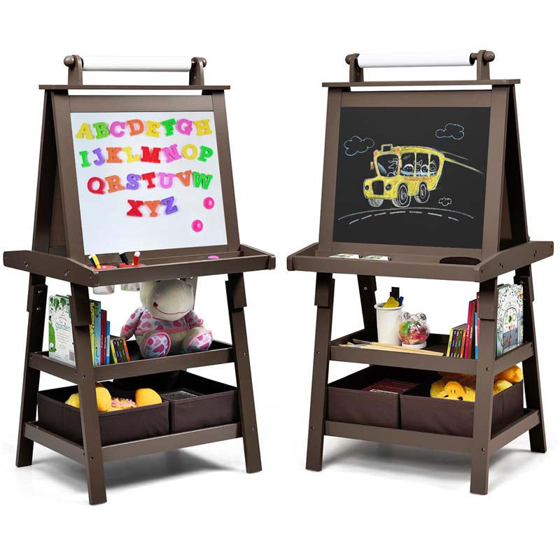 3-in-1 Double-Sided Kids Art Easel, Wooden Toddler Easel with Storage, Magnetic Whiteboard, Chalkboard & Paper Roll for Painting Drawing