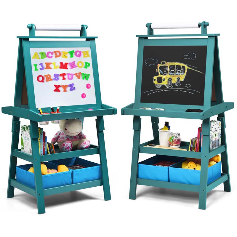 3-in-1 Double-Sided Kids Art Easel, Wooden Storage Toddler Easel with Magnetic White Board & Chalkboard, Paper Roll, Painting Dry Erase