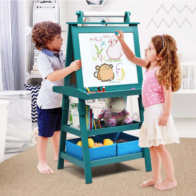 3-in-1 Double-Sided Kids Art Easel, Wooden Toddler Easel with Storage, Magnetic Whiteboard, Chalkboard & Paper Roll for Painting Drawing