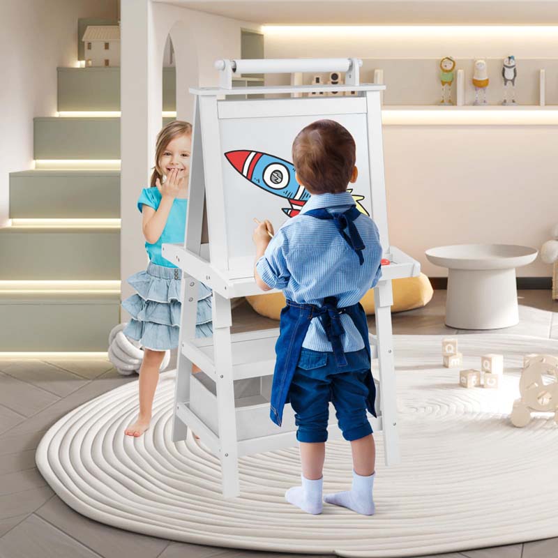 3-in-1 Double-Sided Kids Art Easel, Wooden Toddler Easel with Storage, Magnetic Whiteboard, Chalkboard & Paper Roll for Painting Drawing