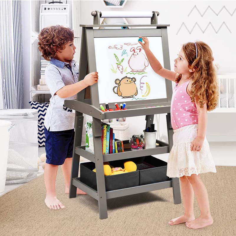 3-in-1 Double-Sided Kids Art Easel, Wooden Toddler Easel with Storage, Magnetic Whiteboard, Chalkboard & Paper Roll for Painting Drawing