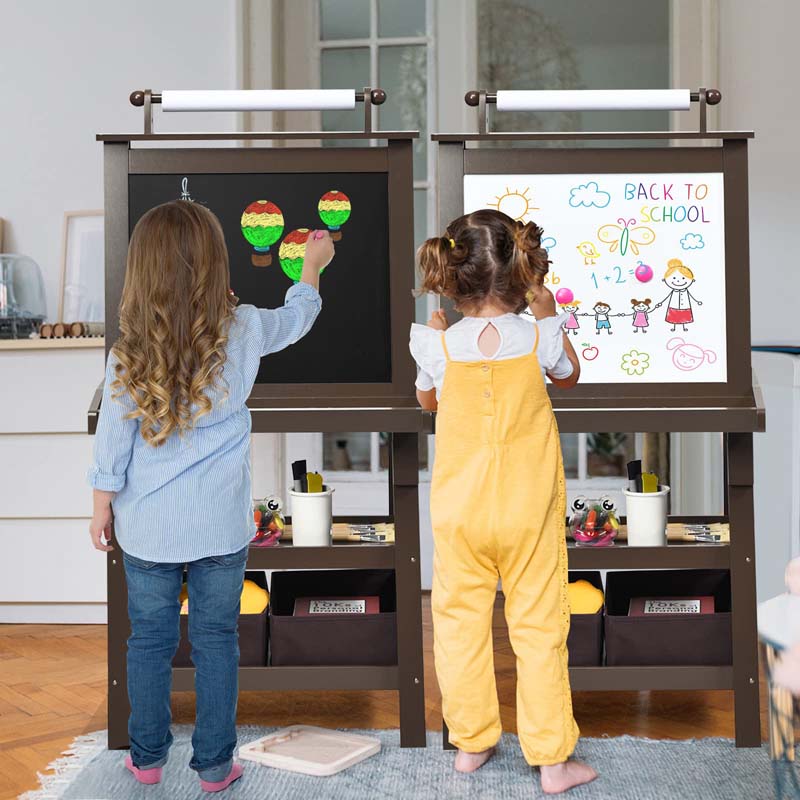 3-in-1 Double-Sided Kids Art Easel, Wooden Storage Toddler Easel with Magnetic White Board & Chalkboard, Paper Roll, Painting Dry Erase