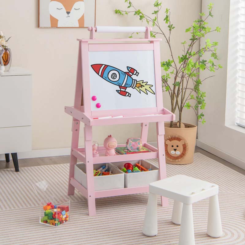 3-in-1 Double-Sided Kids Art Easel, Wooden Toddler Easel with Storage, Magnetic Whiteboard, Chalkboard & Paper Roll for Painting Drawing