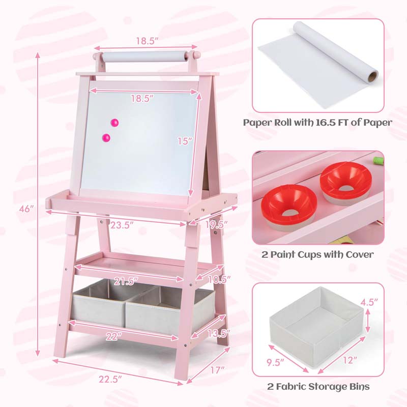 3-in-1 Double-Sided Kids Art Easel, Wooden Toddler Easel with Storage, Magnetic Whiteboard, Chalkboard & Paper Roll for Painting Drawing