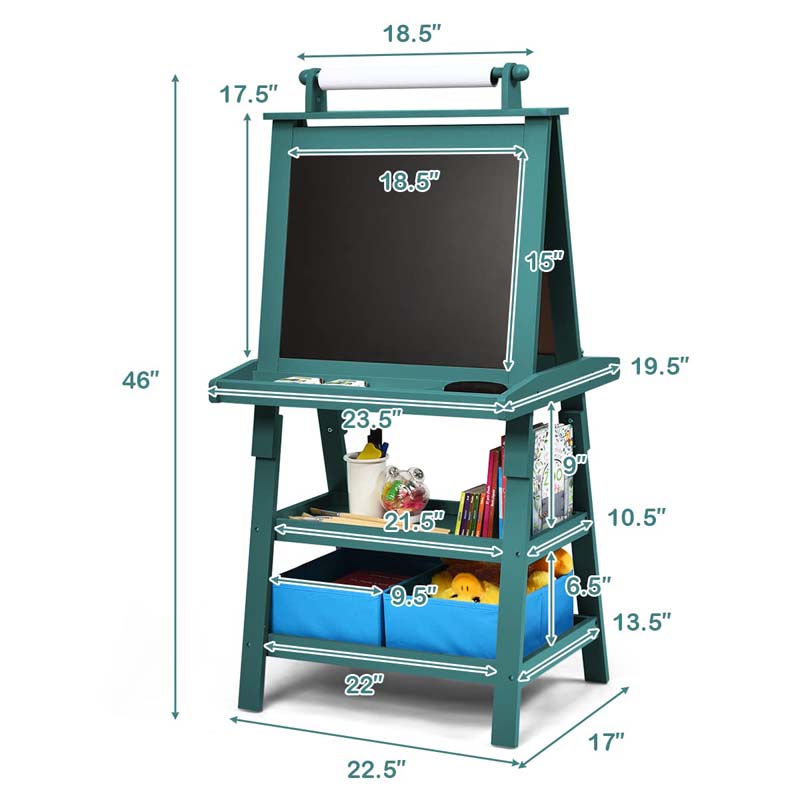 3-in-1 Double-Sided Kids Art Easel, Wooden Toddler Easel with Storage, Magnetic Whiteboard, Chalkboard & Paper Roll for Painting Drawing