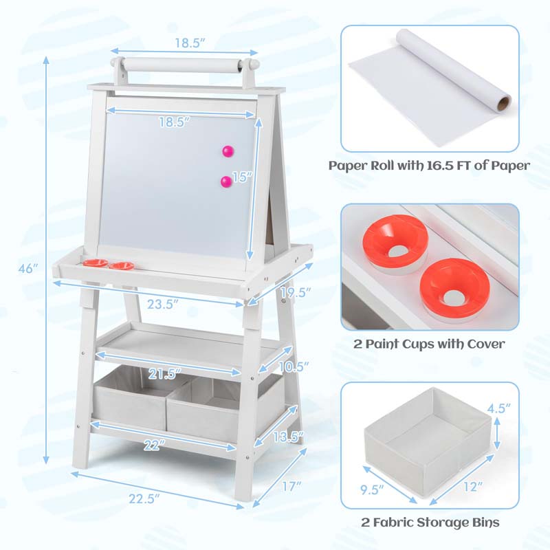 3-in-1 Double-Sided Kids Art Easel, Wooden Toddler Easel with Storage, Magnetic Whiteboard, Chalkboard & Paper Roll for Painting Drawing