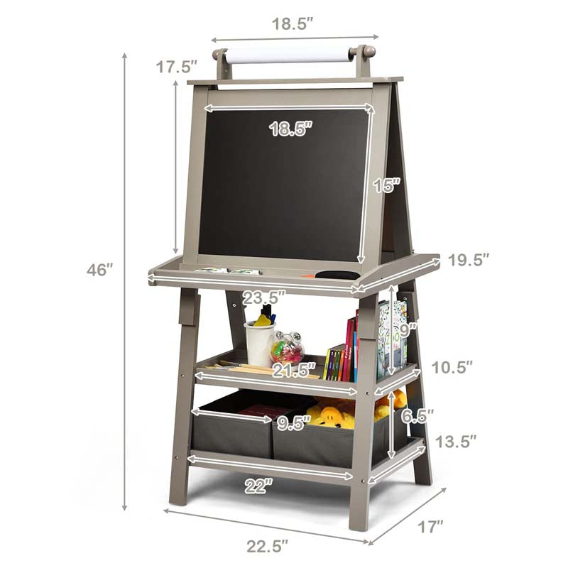 3-in-1 Double-Sided Kids Art Easel, Wooden Toddler Easel with Storage, Magnetic Whiteboard, Chalkboard & Paper Roll for Painting Drawing