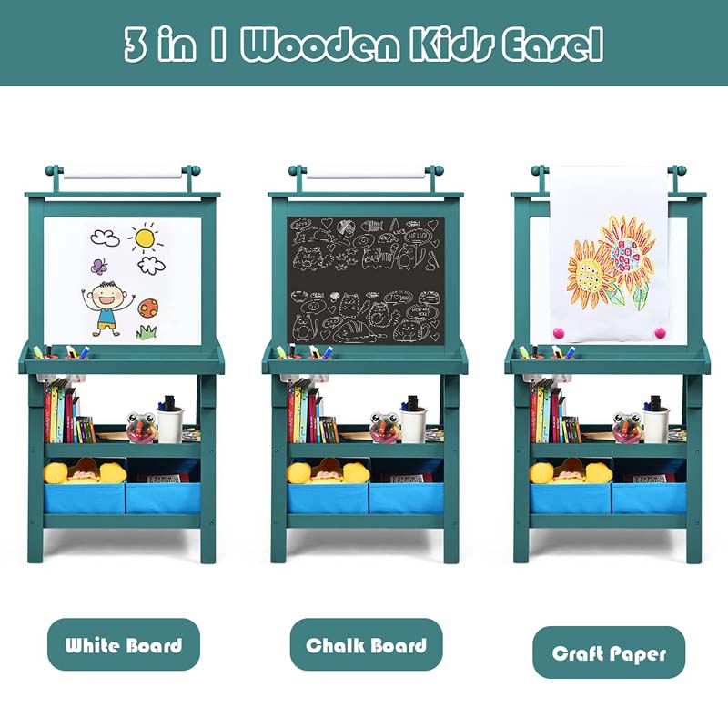 3-in-1 Double-Sided Kids Art Easel, Wooden Toddler Easel with Storage, Magnetic Whiteboard, Chalkboard & Paper Roll for Painting Drawing