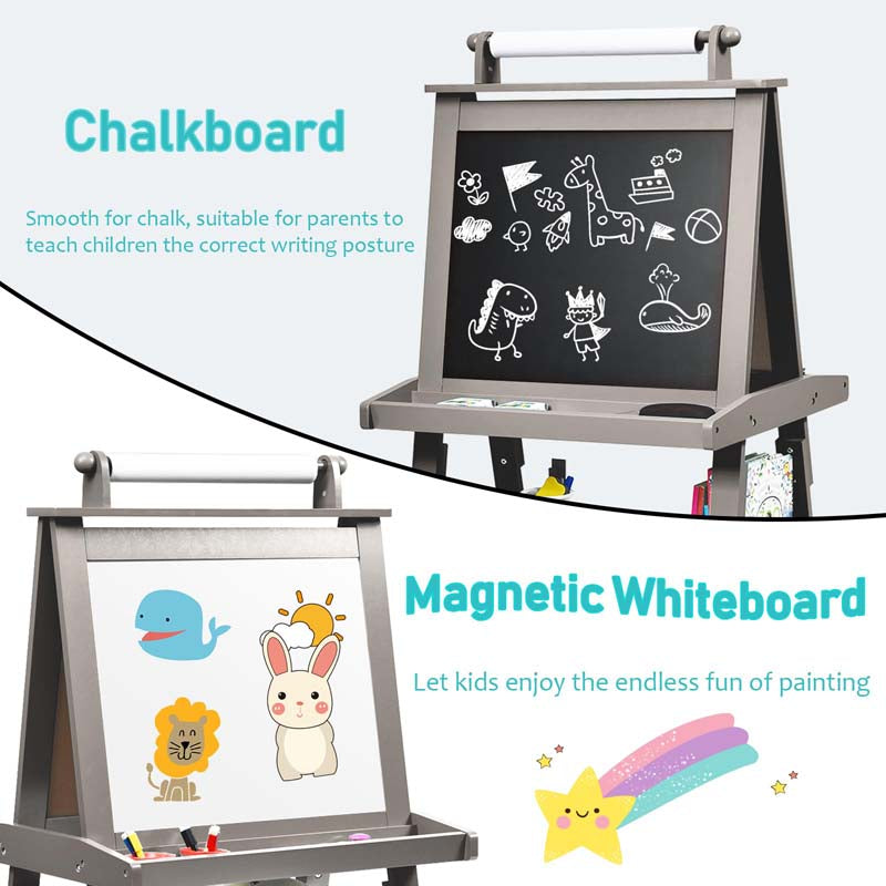 3-in-1 Double-Sided Kids Art Easel, Wooden Toddler Easel with Storage, Magnetic Whiteboard, Chalkboard & Paper Roll for Painting Drawing
