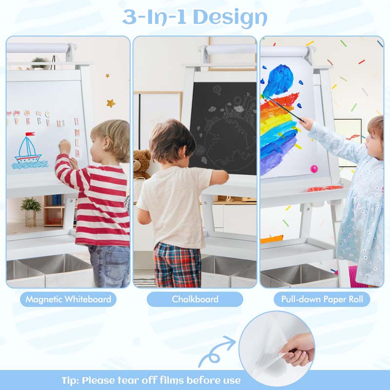 3-in-1 Double-Sided Kids Art Easel, Wooden Toddler Easel with Storage, Magnetic Whiteboard, Chalkboard & Paper Roll for Painting Drawing