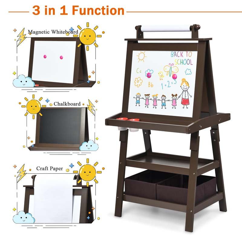 3-in-1 Double-Sided Kids Art Easel, Wooden Toddler Easel with Storage, Magnetic Whiteboard, Chalkboard & Paper Roll for Painting Drawing
