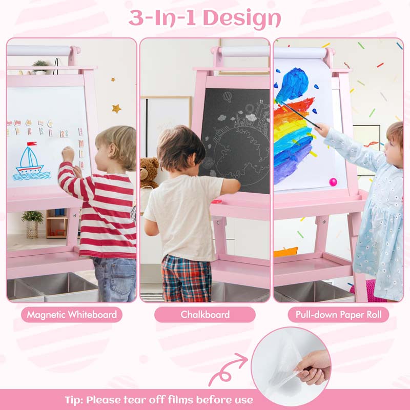 3-in-1 Double-Sided Kids Art Easel, Wooden Toddler Easel with Storage, Magnetic Whiteboard, Chalkboard & Paper Roll for Painting Drawing