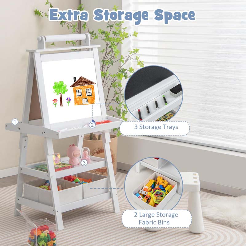 3-in-1 Double-Sided Kids Art Easel, Wooden Toddler Easel with Storage, Magnetic Whiteboard, Chalkboard & Paper Roll for Painting Drawing