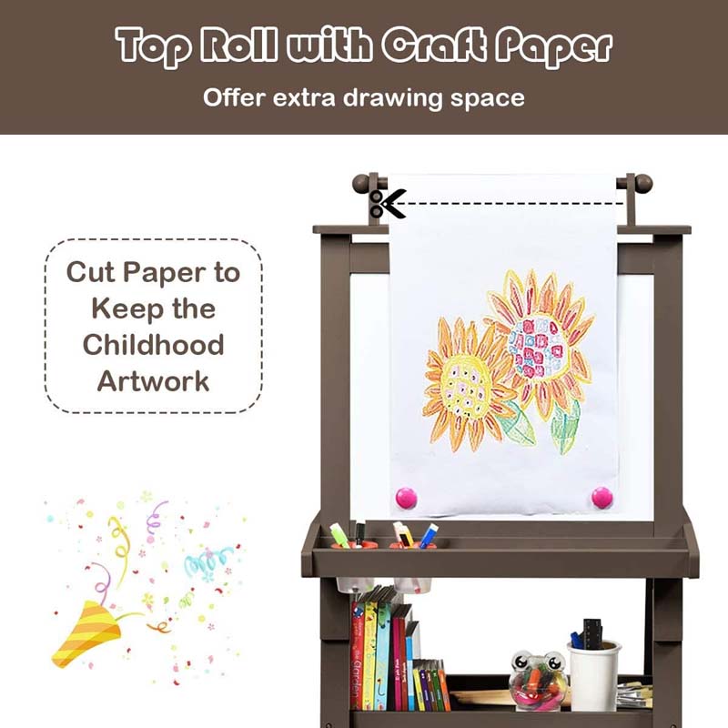 3-in-1 Double-Sided Kids Art Easel, Wooden Toddler Easel with Storage, Magnetic Whiteboard, Chalkboard & Paper Roll for Painting Drawing